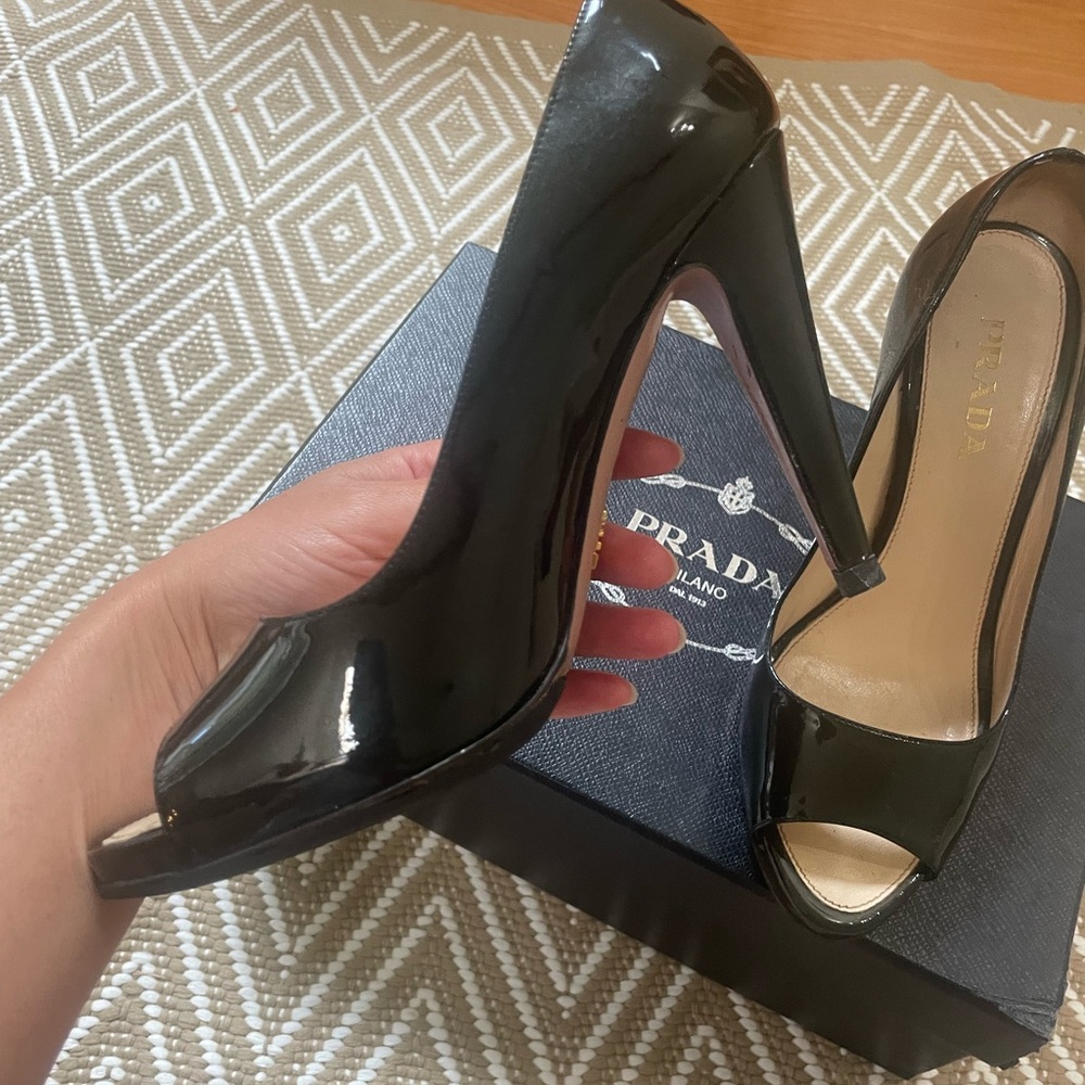 Prada Black Patent Leather Peep-Toe Heels - Picture 2 of 10